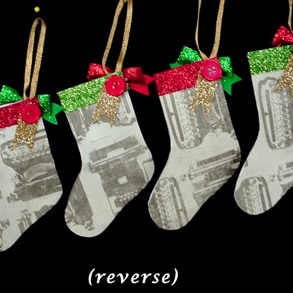 4 CHRISTMAS STOCKING ORNAMENTS REVERSIBLE HANDMADE MUSIC & OLD TYPEWRITERS - Picture 2 of 4